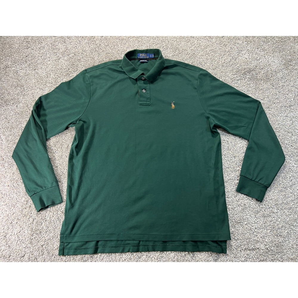 Polo Ralph Lauren Mens Green Pima Soft Touch Long Sleeve Polo Shirt Size L